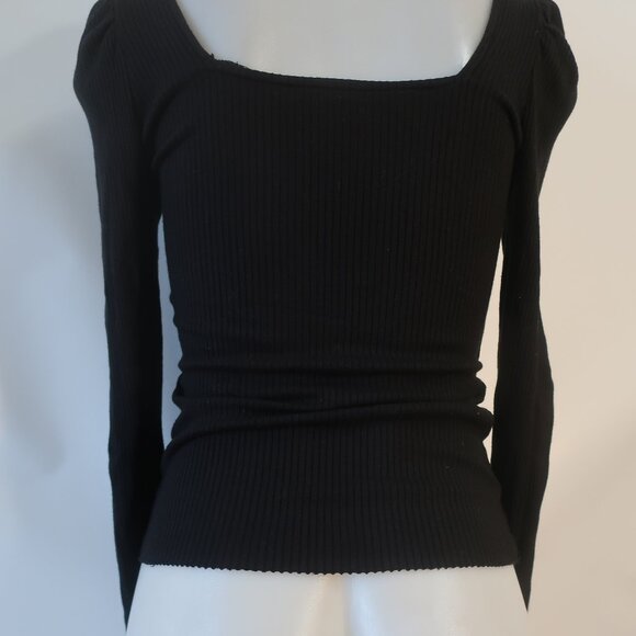 Womens The Range (Item- 120) Black Ribbed Square Neck Puff Sleeve Blouse Top S - Picture 7 of 8